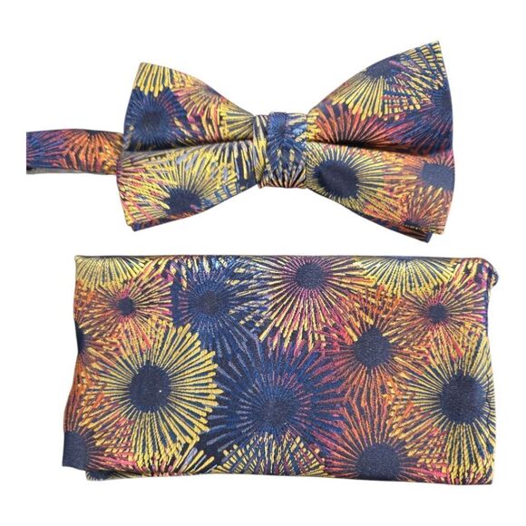 STACY ADAMS NAVY GOLD MAUVE FASHION BOXED BOW TIE & POCKET SQUARE SET.ST - Picture 2 of 5